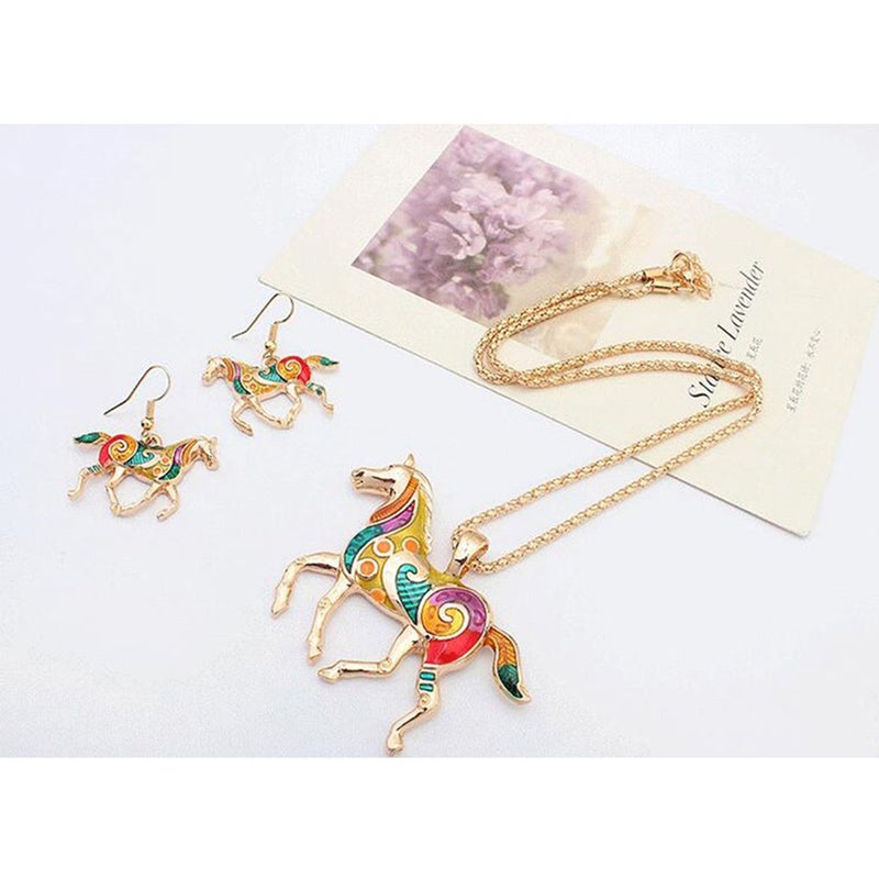 YINLI Charms Enamel Rainbow Horse Pendant Necklace Earrings Jewelry Sets Gold Plated (Gold) - Image 3